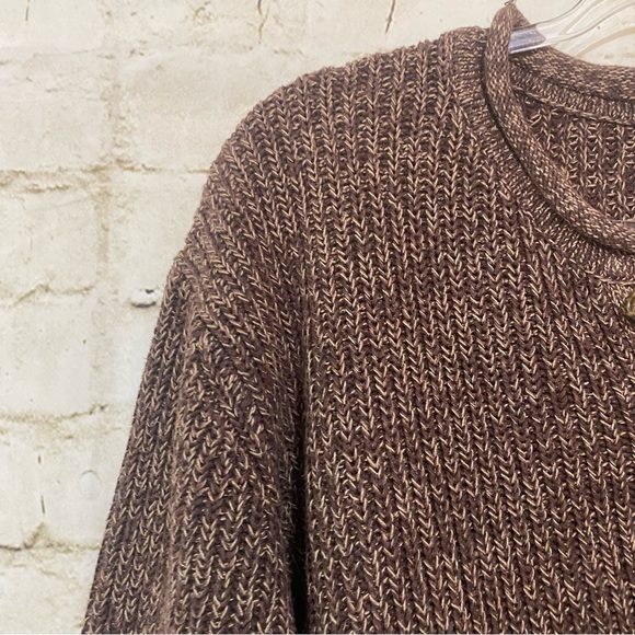 Vintage LL Bean Brown Knit Cotton Button Neck Heavy Sweater - Picture 2 of 5